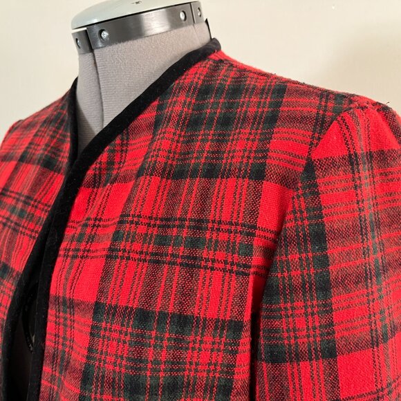 VTG Century of Boston Sz M Tartan Plaid Velvet Trim Open Front Jacket - Picture 2 of 10